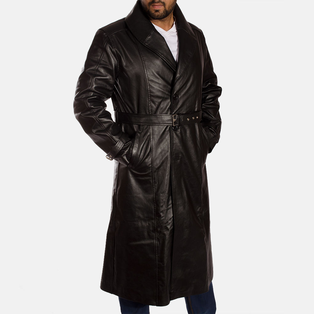 Mens Hooligan Black Leather Trench Coat